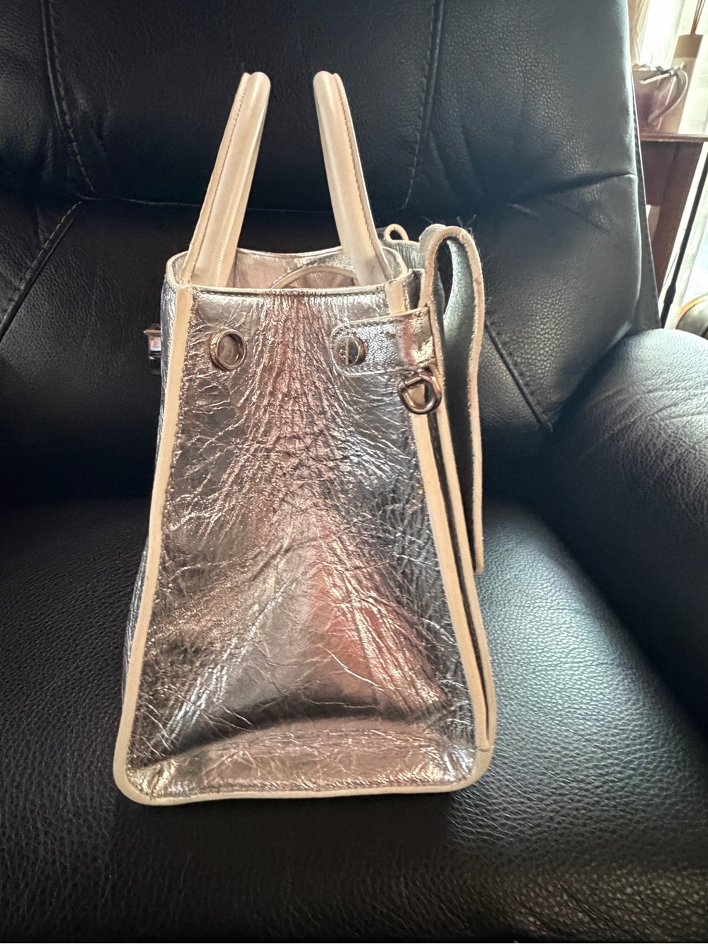 Dior Metallic Silver Crinkled Leather Satchel - Picture 3 of 8